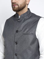 Jompers Men's Solid White Cotton Kurta Payjama with Solid Charcoal Waistcoat | Grocsy