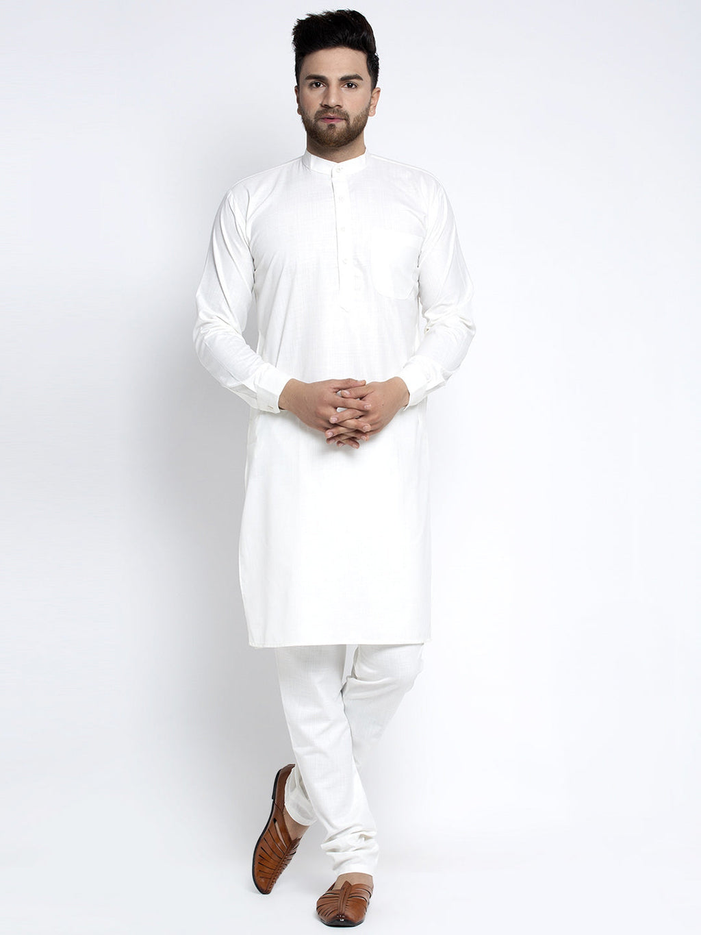 Jompers Men's Solid White Cotton Kurta Payjama with Solid Charcoal Waistcoat | Grocsy