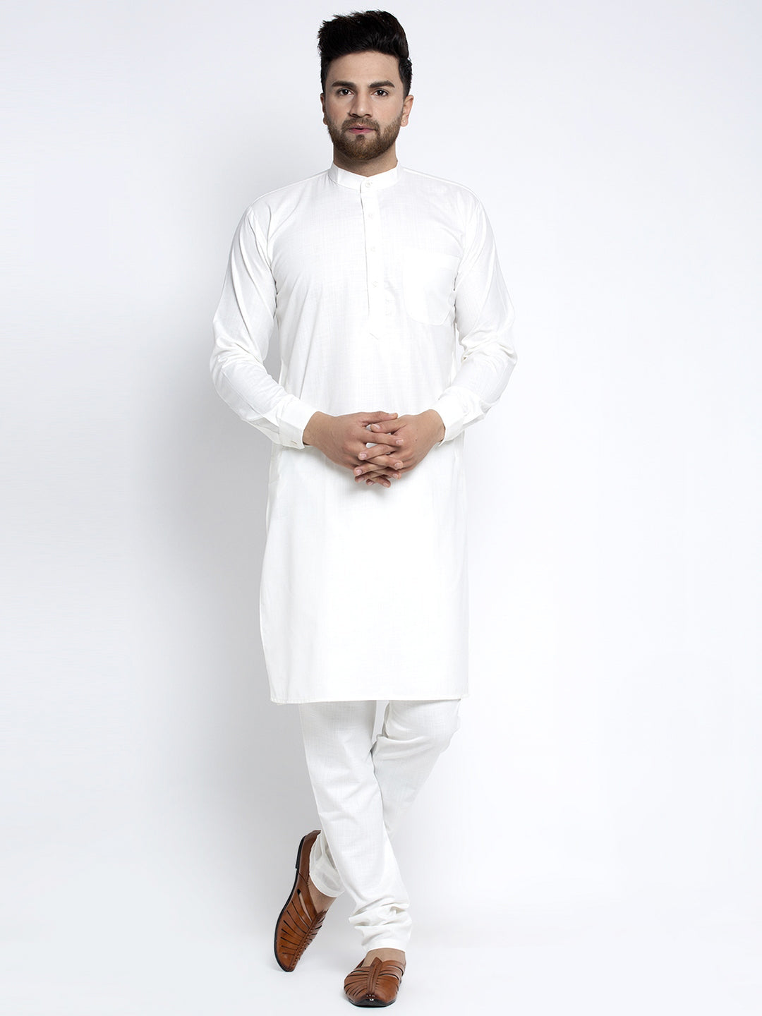 Jompers Men's Solid White Cotton Kurta Payjama with Solid Charcoal Waistcoat | Grocsy