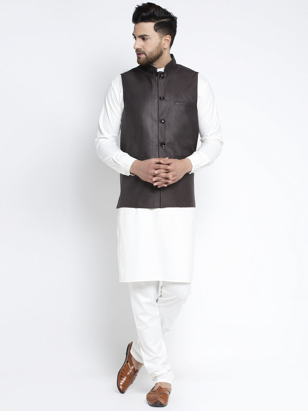 Jompers Men's Solid White Cotton Kurta Payjama with Solid Coffee Waistcoat(Coffee) | Grocsy