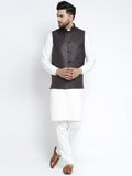 Jompers Men's Solid White Cotton Kurta Payjama with Solid Coffee Waistcoat(Coffee) | Grocsy
