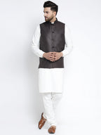 Jompers Men's Solid White Cotton Kurta Payjama with Solid Coffee Waistcoat(Coffee) | Grocsy