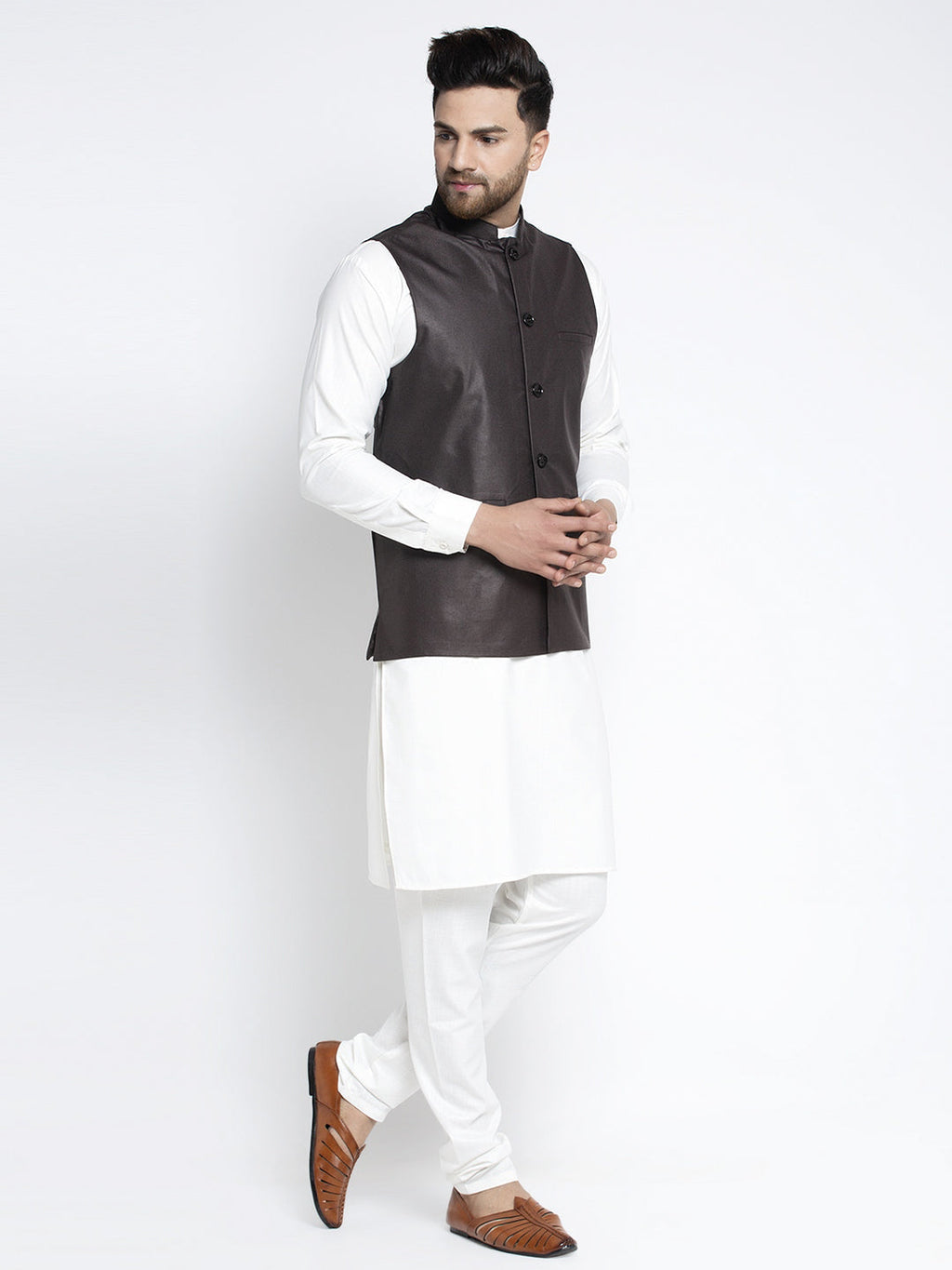 Jompers Men's Solid White Cotton Kurta Payjama with Solid Coffee Waistcoat(Coffee) | Grocsy