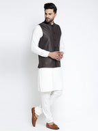 Jompers Men's Solid White Cotton Kurta Payjama with Solid Coffee Waistcoat(Coffee) | Grocsy