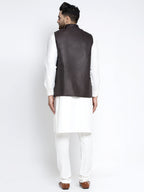 Jompers Men's Solid White Cotton Kurta Payjama with Solid Coffee Waistcoat(Coffee) | Grocsy