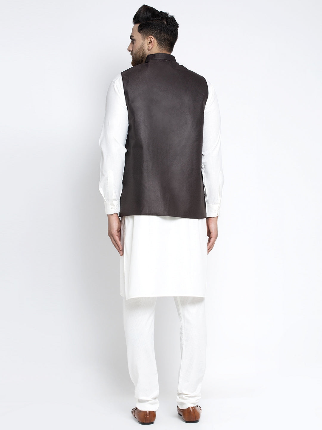 Jompers Men's Solid White Cotton Kurta Payjama with Solid Coffee Waistcoat(Coffee) | Grocsy