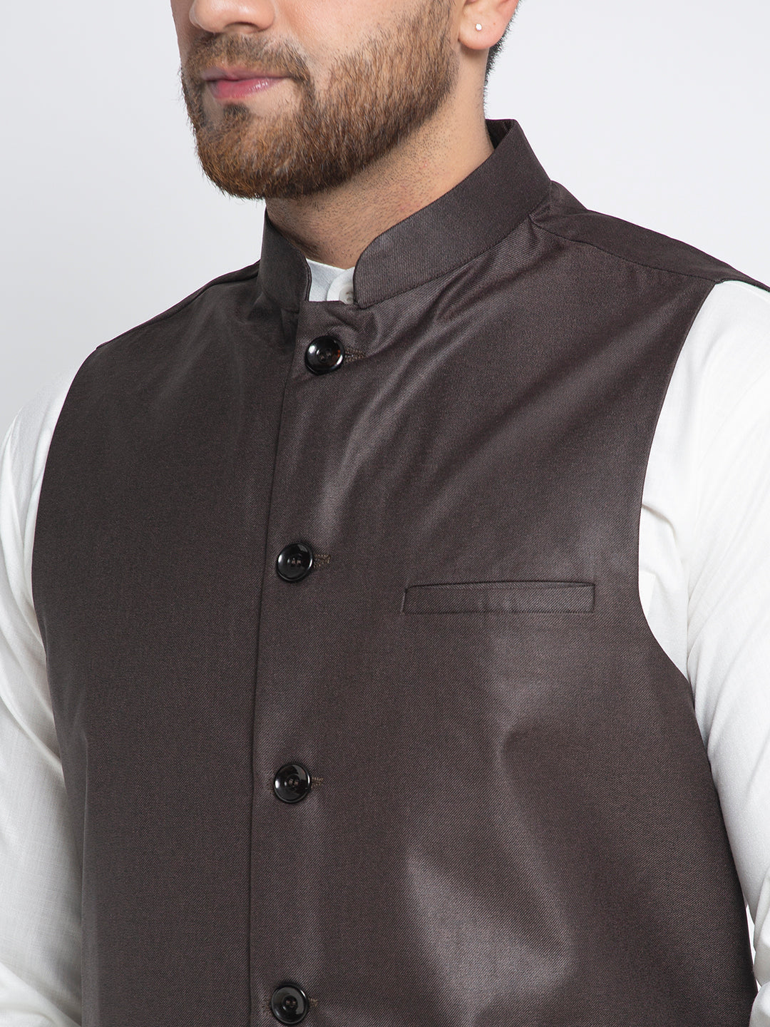 Jompers Men's Solid White Cotton Kurta Payjama with Solid Coffee Waistcoat(Coffee) | Grocsy