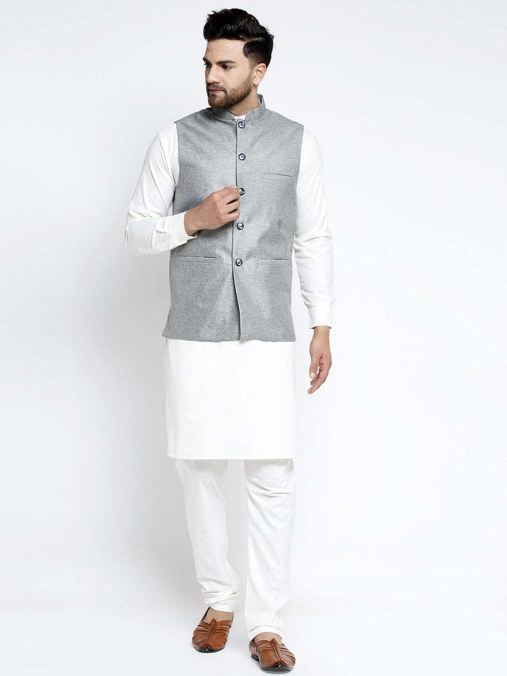 Jompers Men's Solid White Cotton Kurta Payjama with Solid Grey Waistcoat (Grey) | Grocsy