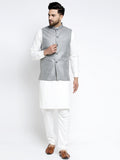 Jompers Men's Solid White Cotton Kurta Payjama with Solid Grey Waistcoat (Grey) | Grocsy