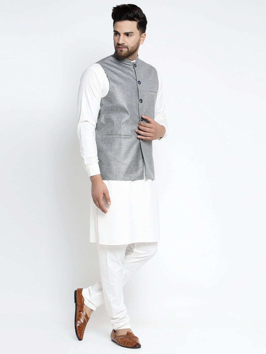 Jompers Men's Solid White Cotton Kurta Payjama with Solid Grey Waistcoat (Grey) | Grocsy