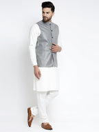 Jompers Men's Solid White Cotton Kurta Payjama with Solid Grey Waistcoat (Grey) | Grocsy