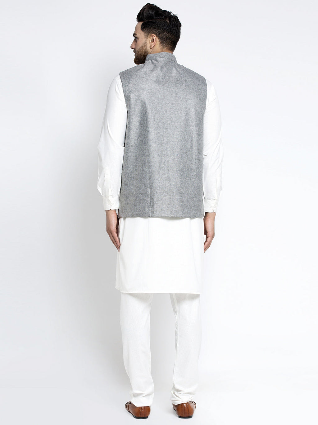 Jompers Men's Solid White Cotton Kurta Payjama with Solid Grey Waistcoat (Grey) | Grocsy