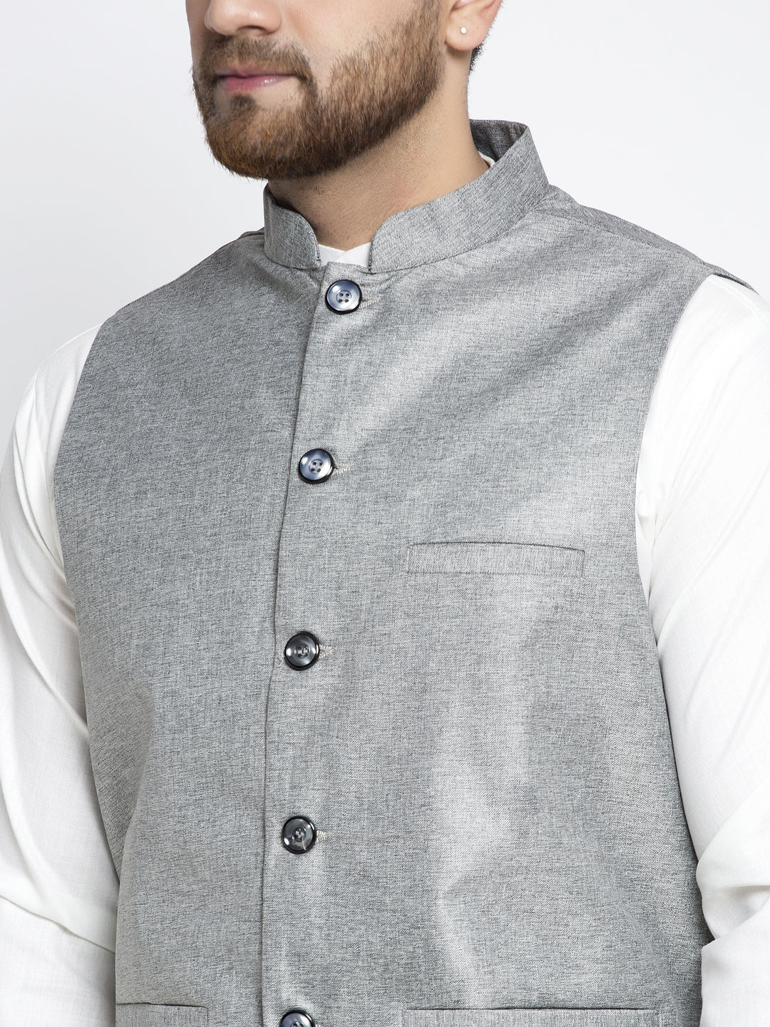 Jompers Men's Solid White Cotton Kurta Payjama with Solid Grey Waistcoat (Grey) | Grocsy