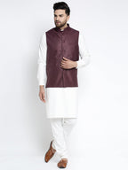 Jompers Men's Solid White Cotton Kurta Payjama with Solid Maroon Waistcoat(Maroon) | Grocsy