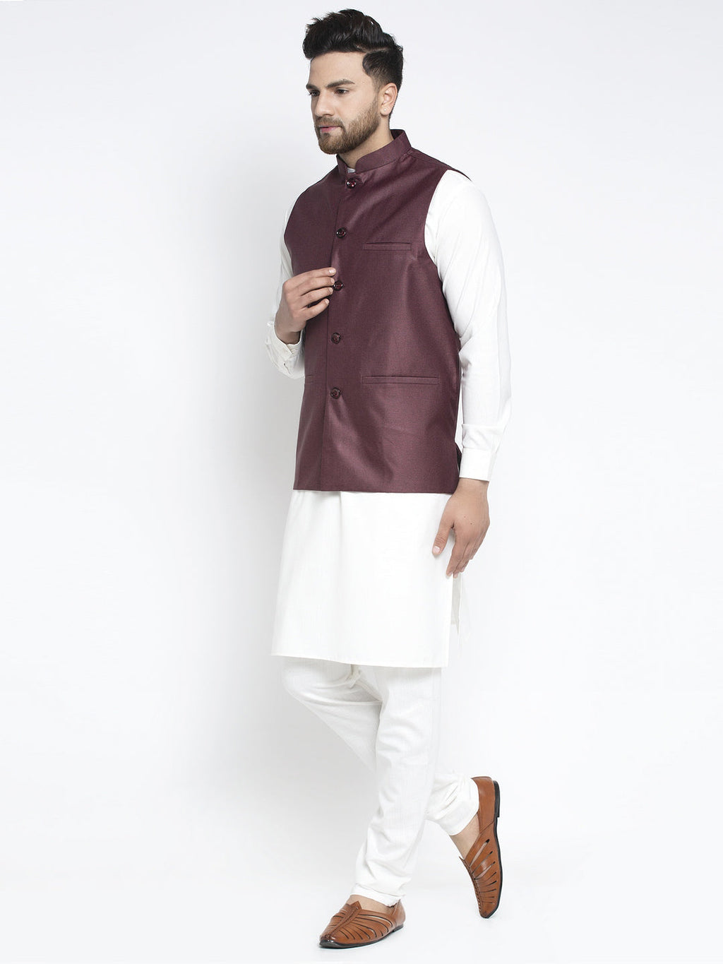 Jompers Men's Solid White Cotton Kurta Payjama with Solid Maroon Waistcoat(Maroon) | Grocsy