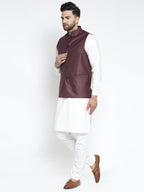 Jompers Men's Solid White Cotton Kurta Payjama with Solid Maroon Waistcoat(Maroon) | Grocsy