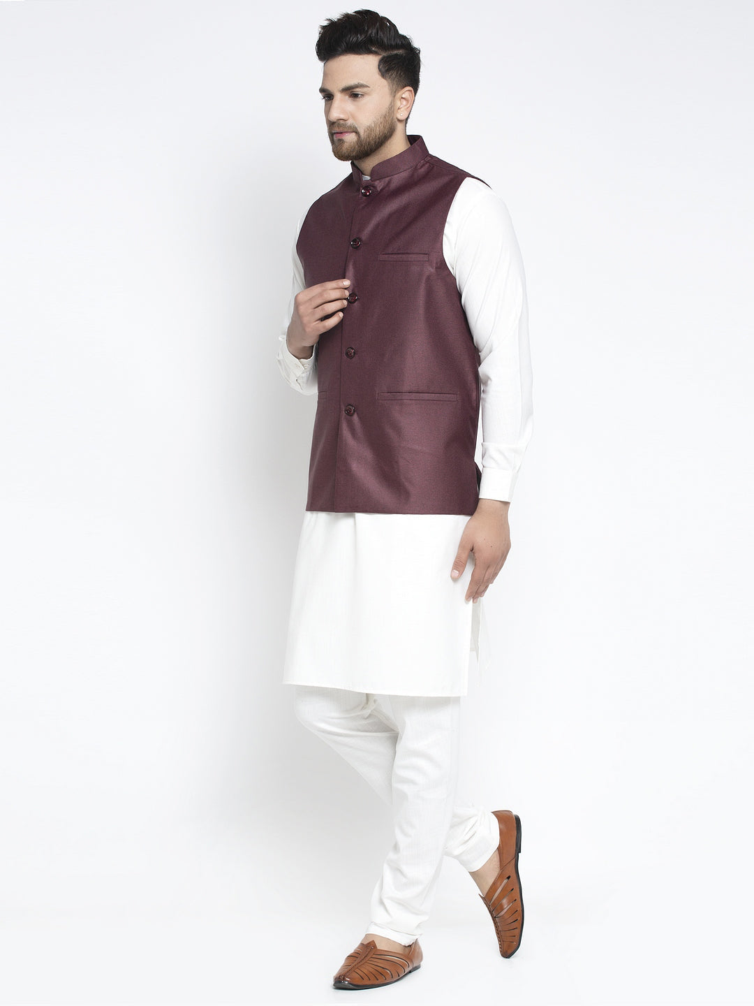 Jompers Men's Solid White Cotton Kurta Payjama with Solid Maroon Waistcoat(Maroon) | Grocsy