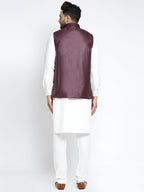 Jompers Men's Solid White Cotton Kurta Payjama with Solid Maroon Waistcoat(Maroon) | Grocsy