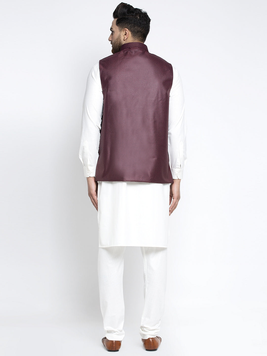 Jompers Men's Solid White Cotton Kurta Payjama with Solid Maroon Waistcoat(Maroon) | Grocsy