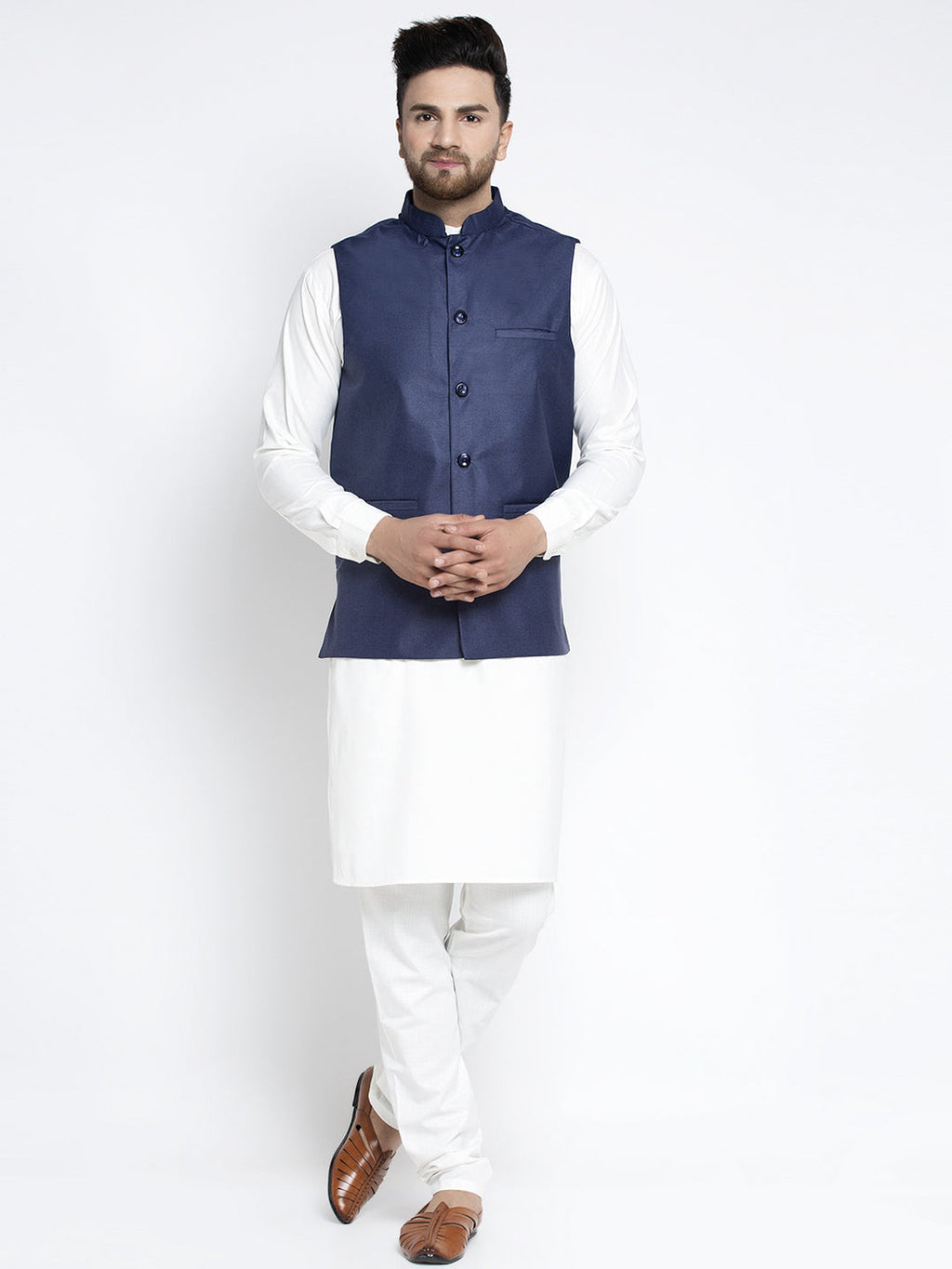 Jompers Men's Solid White Cotton Kurta Payjama with Solid Navy Waistcoat(Navy) | Grocsy