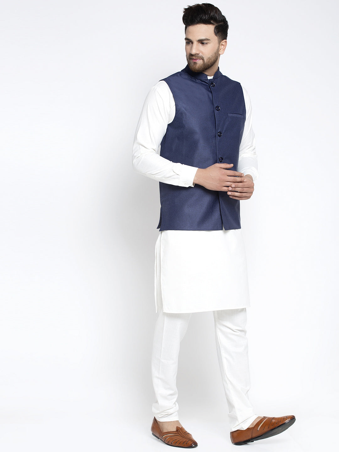 Jompers Men's Solid White Cotton Kurta Payjama with Solid Navy Waistcoat(Navy) | Grocsy