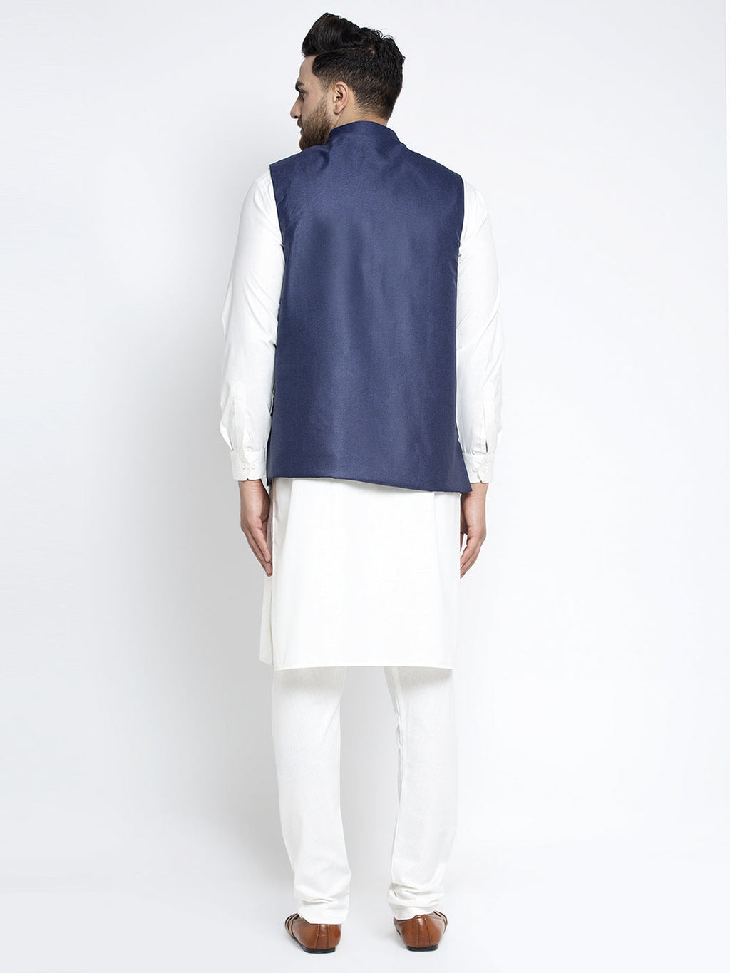 Jompers Men's Solid White Cotton Kurta Payjama with Solid Navy Waistcoat(Navy) | Grocsy