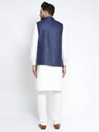 Jompers Men's Solid White Cotton Kurta Payjama with Solid Navy Waistcoat(Navy) | Grocsy