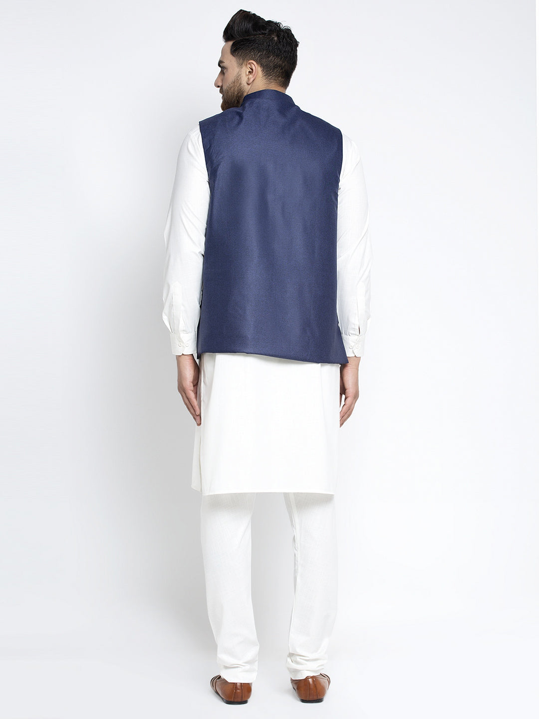 Jompers Men's Solid White Cotton Kurta Payjama with Solid Navy Waistcoat(Navy) | Grocsy