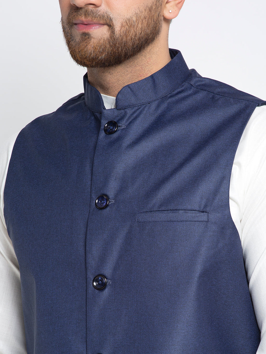 Jompers Men's Solid White Cotton Kurta Payjama with Solid Navy Waistcoat(Navy) | Grocsy