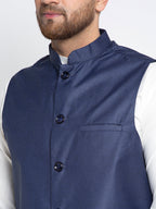 Jompers Men's Solid White Cotton Kurta Payjama with Solid Navy Waistcoat(Navy) | Grocsy