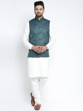 Jompers Men's Solid White Cotton Kurta Payjama with Solid Teal Waistcoat (Teal ) | Grocsy