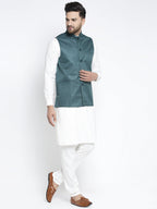 Jompers Men's Solid White Cotton Kurta Payjama with Solid Teal Waistcoat (Teal ) | Grocsy