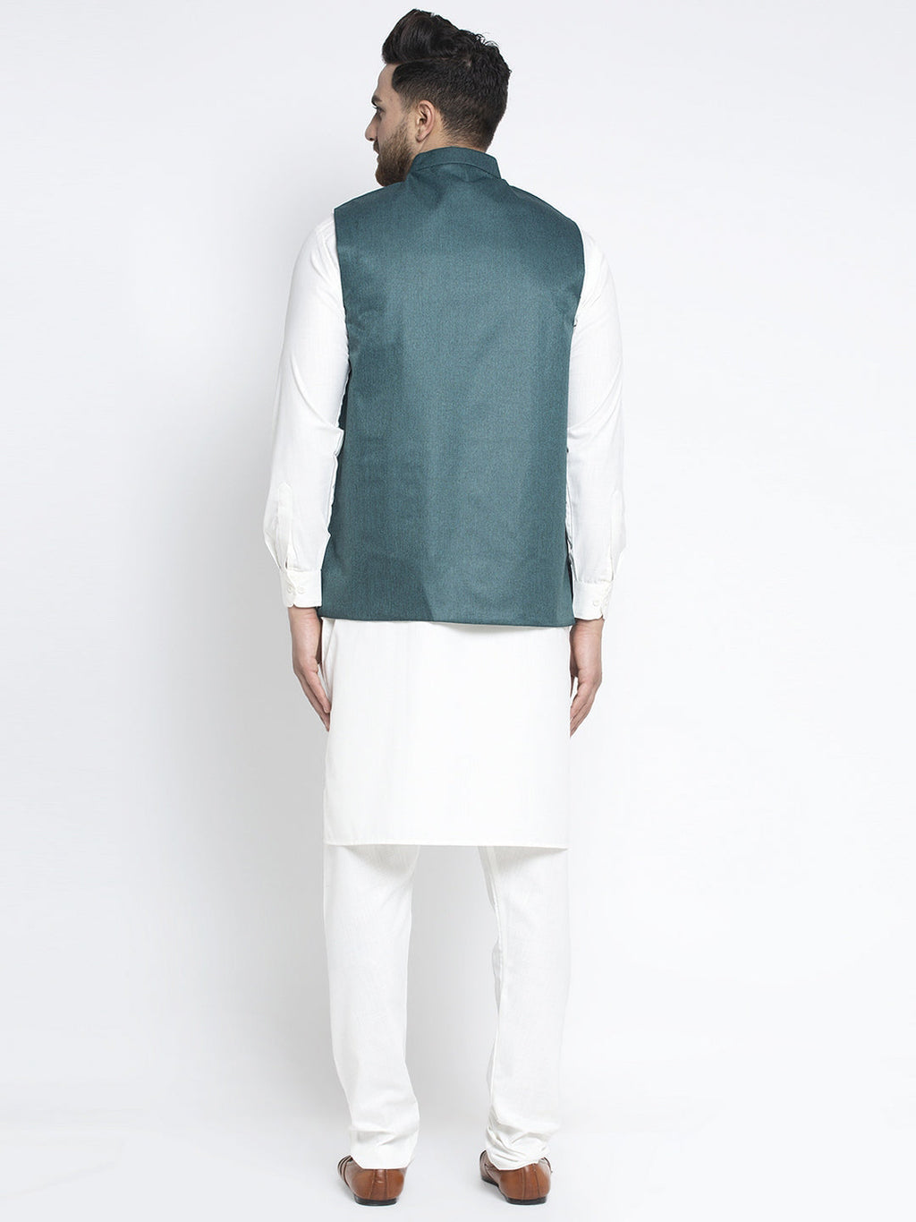 Jompers Men's Solid White Cotton Kurta Payjama with Solid Teal Waistcoat (Teal ) | Grocsy