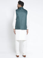 Jompers Men's Solid White Cotton Kurta Payjama with Solid Teal Waistcoat (Teal ) | Grocsy