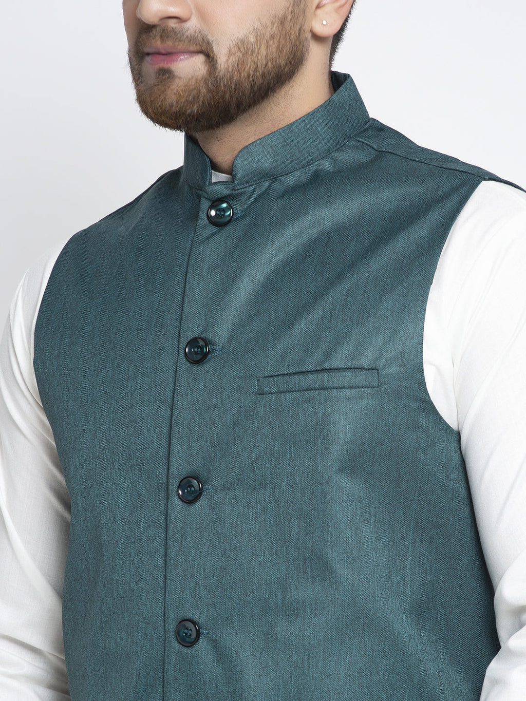 Jompers Men's Solid White Cotton Kurta Payjama with Solid Teal Waistcoat (Teal ) | Grocsy