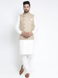 Jompers Men's Solid White Cotton Kurta Payjama with Geometric Waistcoat(Beige) | Grocsy