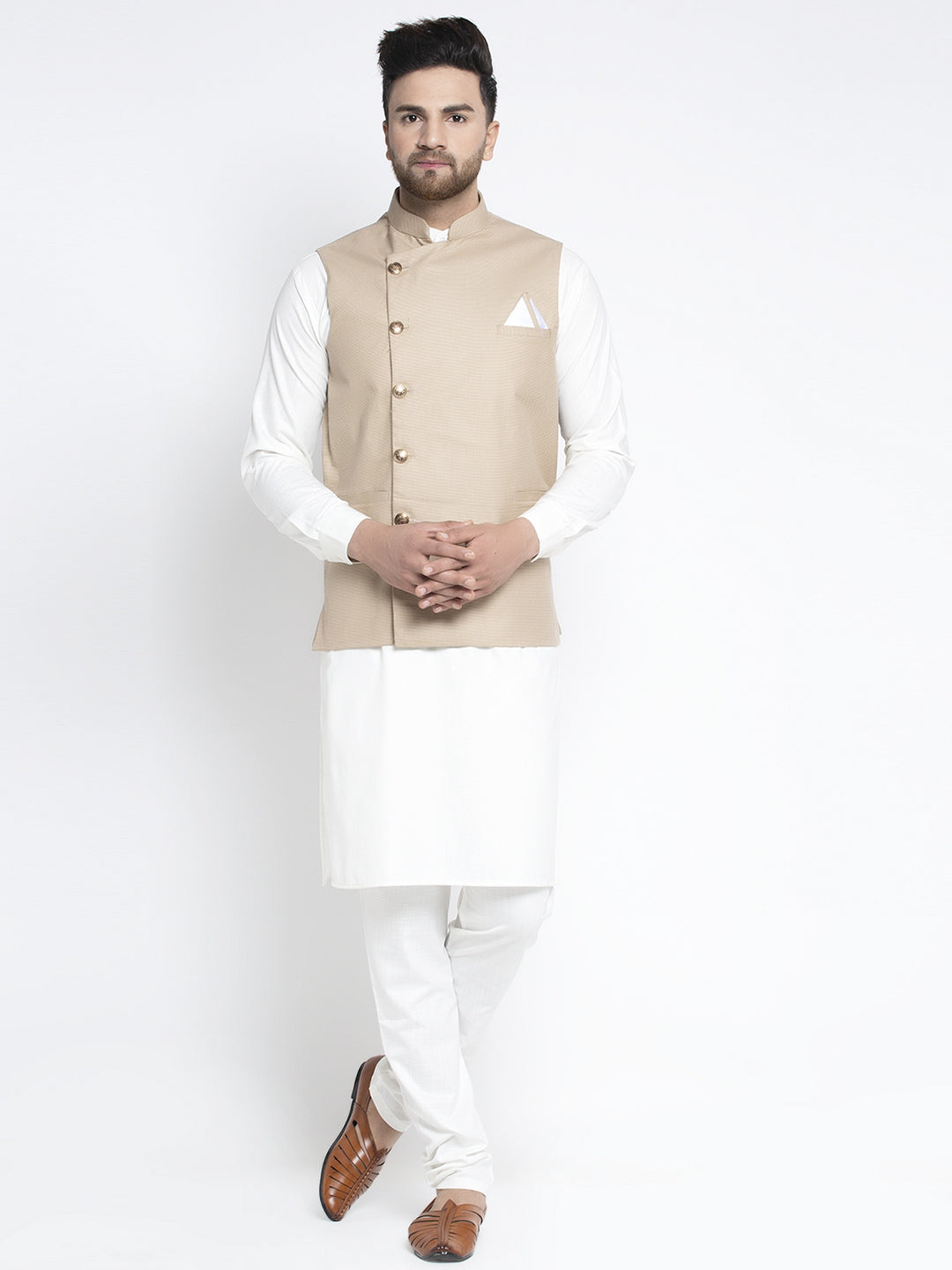 Jompers Men's Solid White Cotton Kurta Payjama with Geometric Waistcoat(Beige) | Grocsy