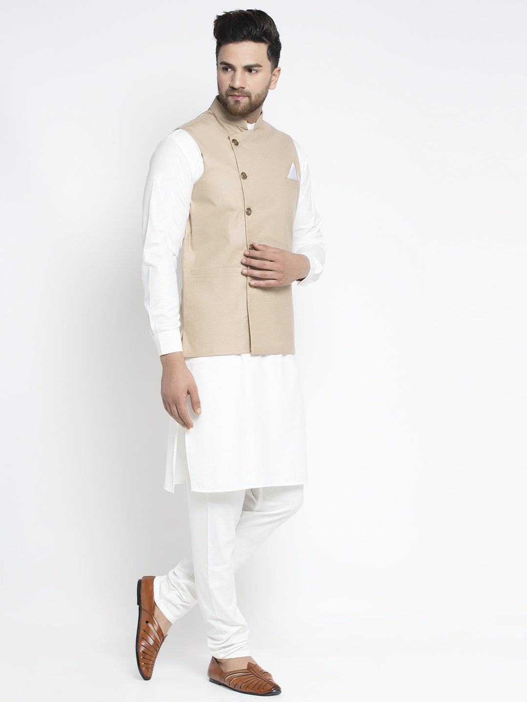 Jompers Men's Solid White Cotton Kurta Payjama with Geometric Waistcoat(Beige) | Grocsy