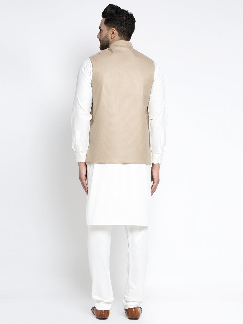 Jompers Men's Solid White Cotton Kurta Payjama with Geometric Waistcoat(Beige) | Grocsy