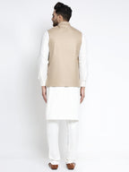 Jompers Men's Solid White Cotton Kurta Payjama with Geometric Waistcoat(Beige) | Grocsy