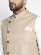 Jompers Men's Solid White Cotton Kurta Payjama with Geometric Waistcoat(Beige) | Grocsy