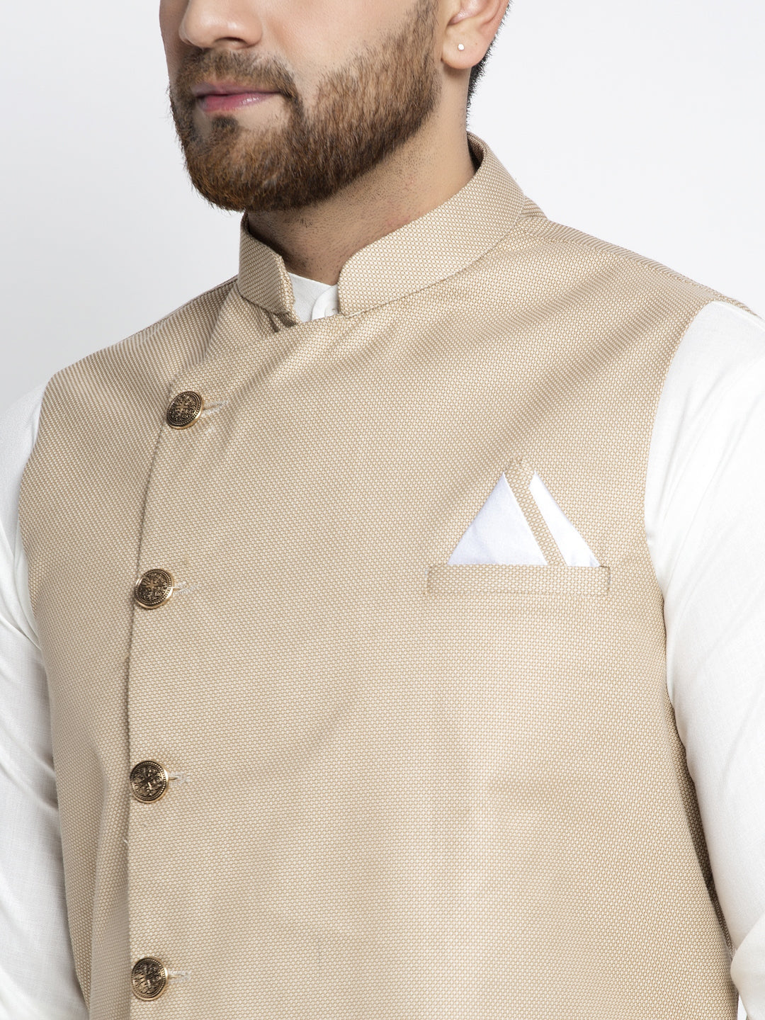 Jompers Men's Solid White Cotton Kurta Payjama with Geometric Waistcoat(Beige) | Grocsy