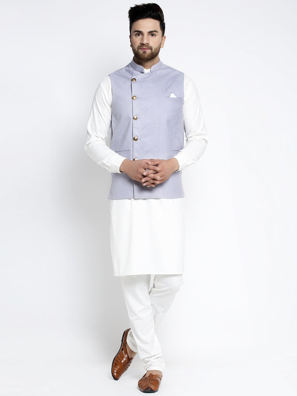 Jompers Men's Solid White Cotton Kurta Payjama with Geometric Waistcoat(Blue) | Grocsy