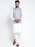 Jompers Men's Solid White Cotton Kurta Payjama with Geometric Waistcoat(Blue) | Grocsy