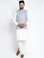 Jompers Men's Solid White Cotton Kurta Payjama with Geometric Waistcoat(Blue) | Grocsy