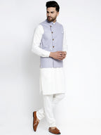Jompers Men's Solid White Cotton Kurta Payjama with Geometric Waistcoat(Blue) | Grocsy