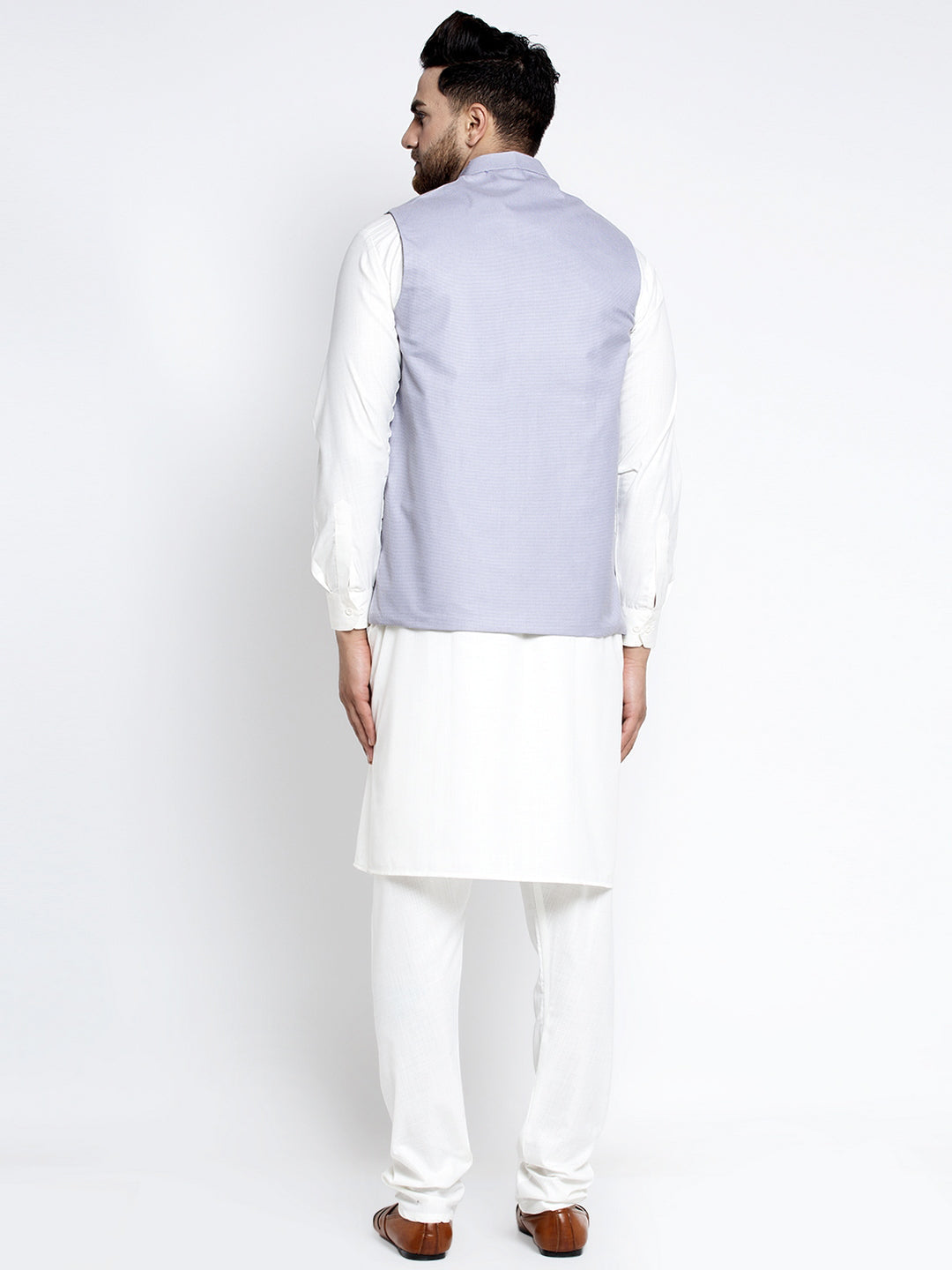 Jompers Men's Solid White Cotton Kurta Payjama with Geometric Waistcoat(Blue) | Grocsy
