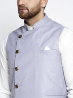 Jompers Men's Solid White Cotton Kurta Payjama with Geometric Waistcoat(Blue) | Grocsy
