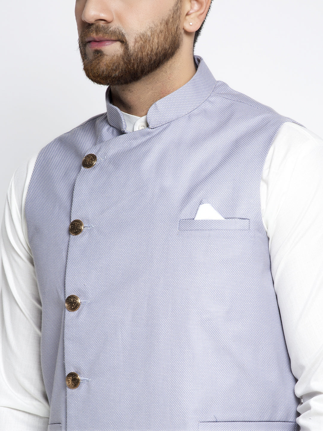 Jompers Men's Solid White Cotton Kurta Payjama with Geometric Waistcoat(Blue) | Grocsy