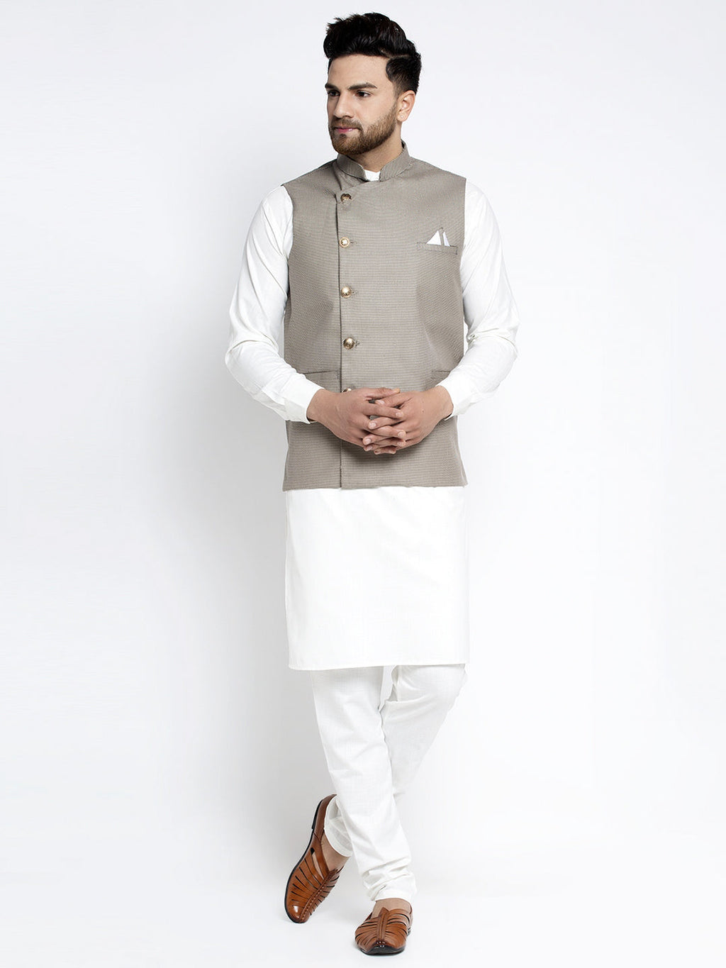 Jompers Men's Solid White Cotton Kurta Payjama with Geometric Waistcoat(Grey) | Grocsy